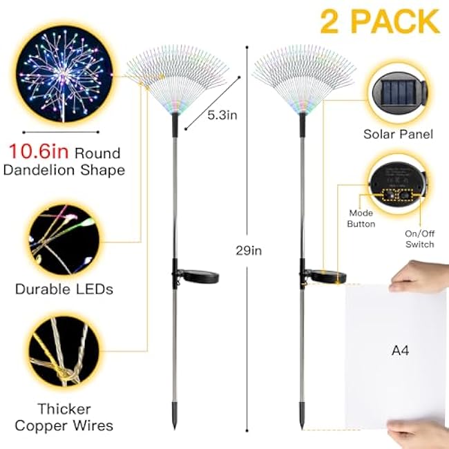 suddus Solar Garden Lights 2Pack Firework Lights Multicolor