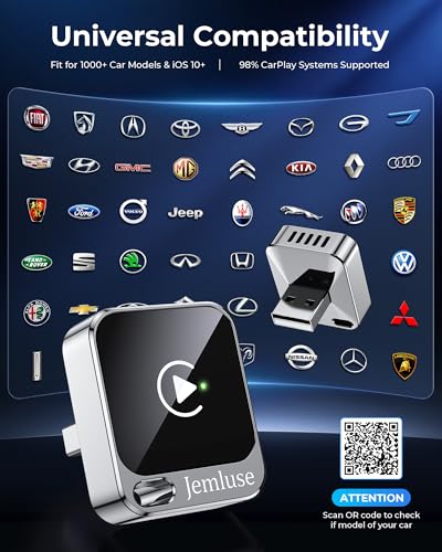 Image of Jemluse Wireless CarPlay Adapter for Apple - Mini Size, Fast Stable Connection Convert Wired to Wireless Car Play Dongle for iPhone iOS 10+, Plug & Play for Cars from 2016+ w /USB-C (Silver)