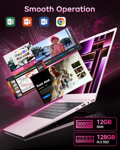 Image of Pink Laptop 12GB RAM, 15.6 Inch FHD Laptops with Pentium Gold (Beats Pentium, Celeron), 128GB SSD, USB C, USB 3.0, HDMI, Lightweight Laptop for Student & Everyday Use