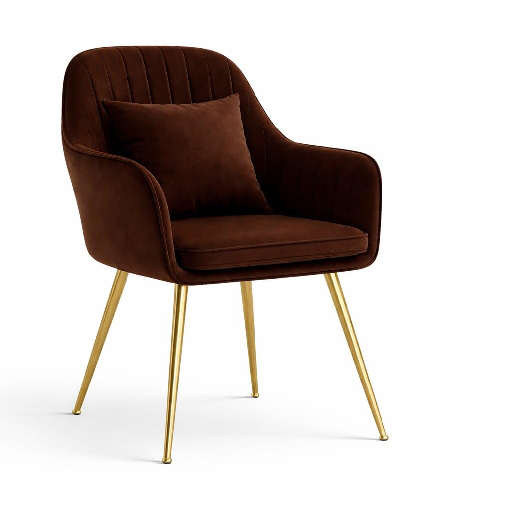 Toxigo Velvet Living Chairs, Garden Office Restaurant, Modern Contemporary Upholstered with Polished Gold Metal Single Chair with Pillow Modern (Brown) 1
