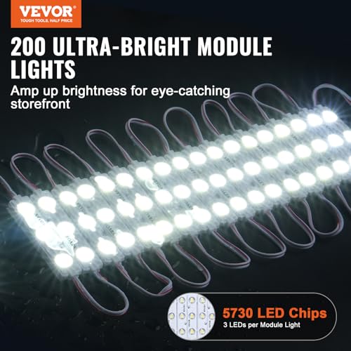 Image of VEVOR 200PCS LED Storefront Lights, 108 ft DC 12V, LED Module 5730 SMD 3-LED 1.5W Window Light With Tape Adhesive Backside, for Business Store Window Advertising Letter Signs, NO Power Supply