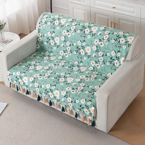 Image of HOKIPO Sofa Cover with Tassel for 2 Seater Sofa | Full Protection for Seat and Back | Printed Holland Velvet Fabric | 'Whispers of Nature' (160x120 cm), Sage Floral Vine (IN-1126-D8)