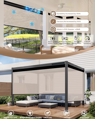 Image of Kincmo Motorized Outdoor Shades for Patio Porch, Custom Outdoor Motorized Blinds with Remote, Waterproof & Windproof Patio Shades Work with Apple Home,Alexa,Google (Beige-3% Openness)