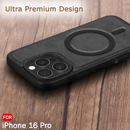 Image of TheGiftKart Genuine Leather Finish Back Cover Case for iPhone 16 Pro | Shockproof Design | Raised Edges for Camera & Screen Protection | Stunning Minimalist Design Cover (MagSafe Compatible, Black)