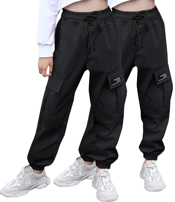 Image of SANGTREE Girl's&Women's 2 Packs Cargo Pants Elastic Waist Drawstring Tapered Multi Pockets Cargo Jogger Pants