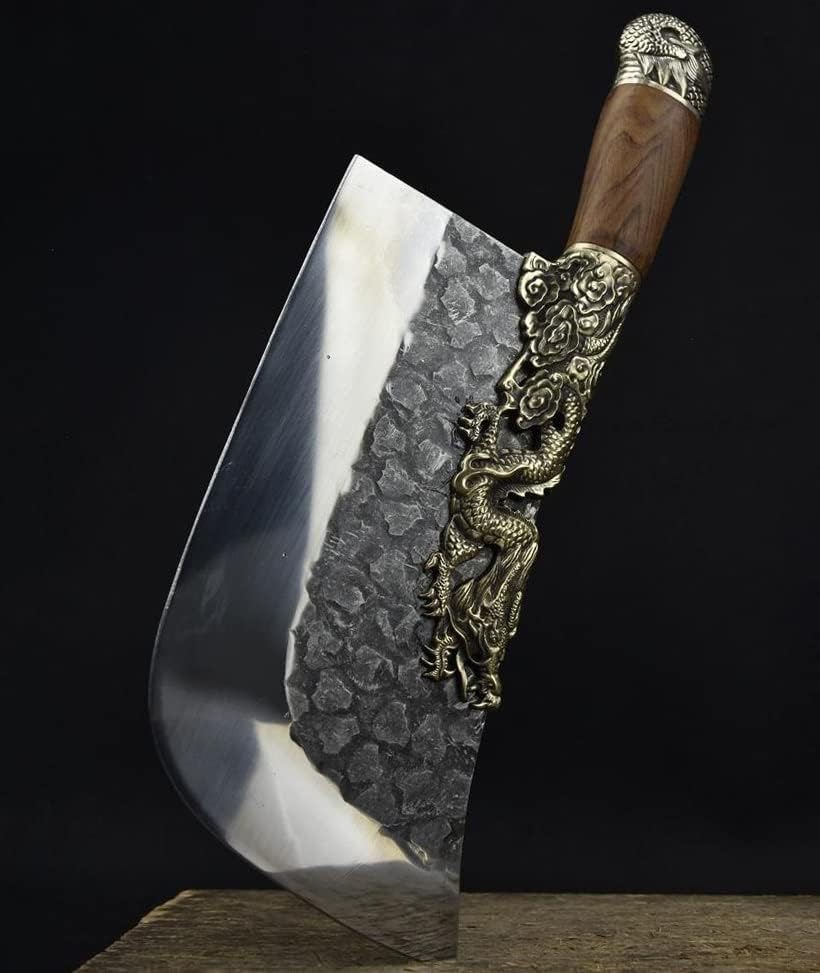 Meat cleaver, Big Longquan Knife Handmade Forged Kitchen Hatchet Knife Copper Dragon Decor 8.5 Inch Sharp Chop Knife With Patterns Cleaver Knife