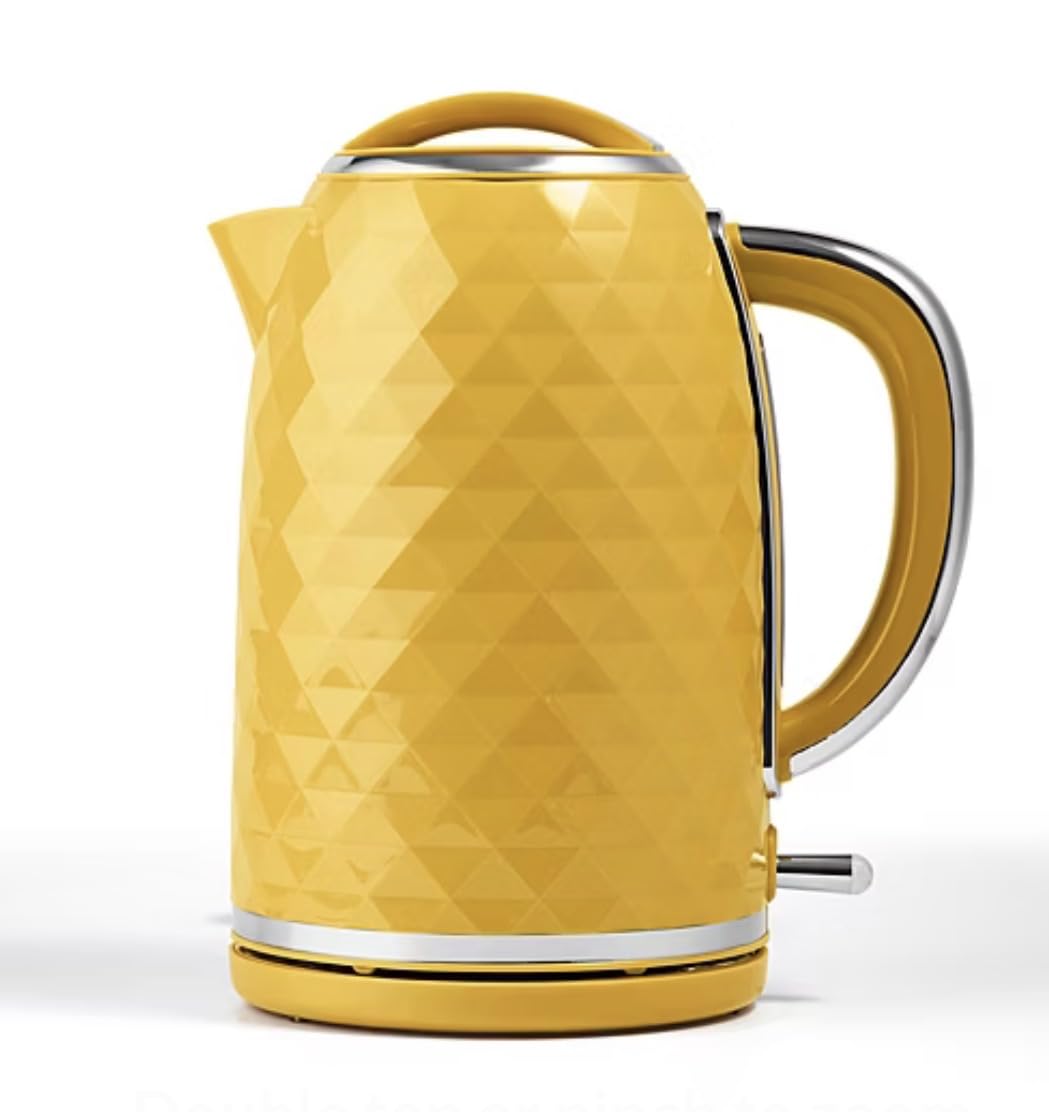 Yellow Electric Kettle, 1.7L, 3000W, Plastic, Rapid Boil, Removable Limescale Filter, Boil Dry Protection, Diamond Textured