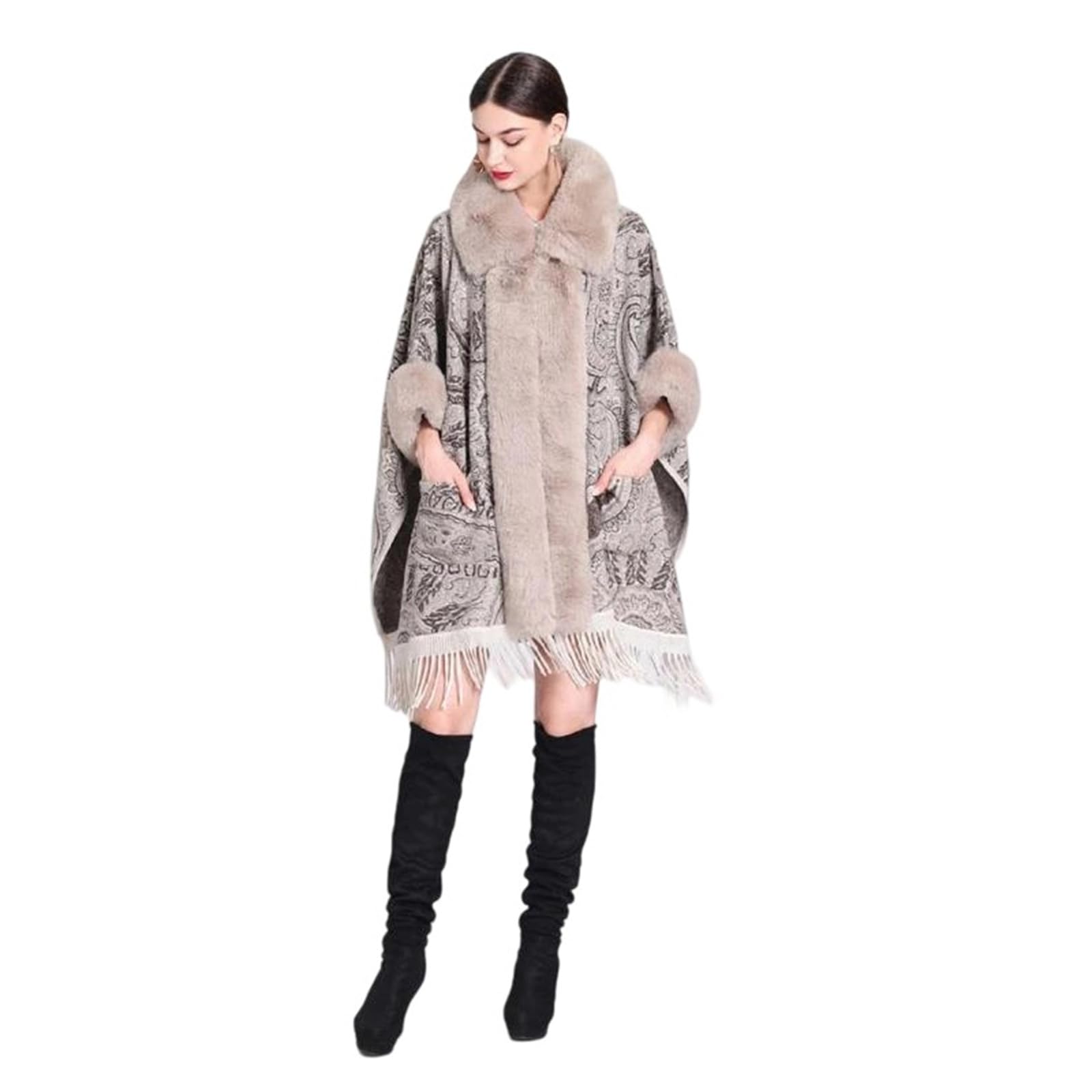 Mantello da donna in finta lana, misto lana, mantello con tasca, invernale, caldo, impacchi con risvolto