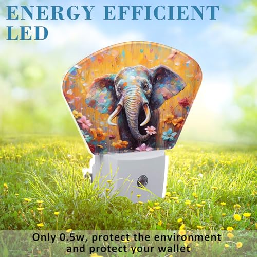 Image of Watercolor Elephant Night Light for Kids Girls Boys, Flowers LED Night Light Plug into Wall with Dusk to Dawn Sensor for Bedroom, Hallway, Kitchen, Bathroom, Stairs Decor