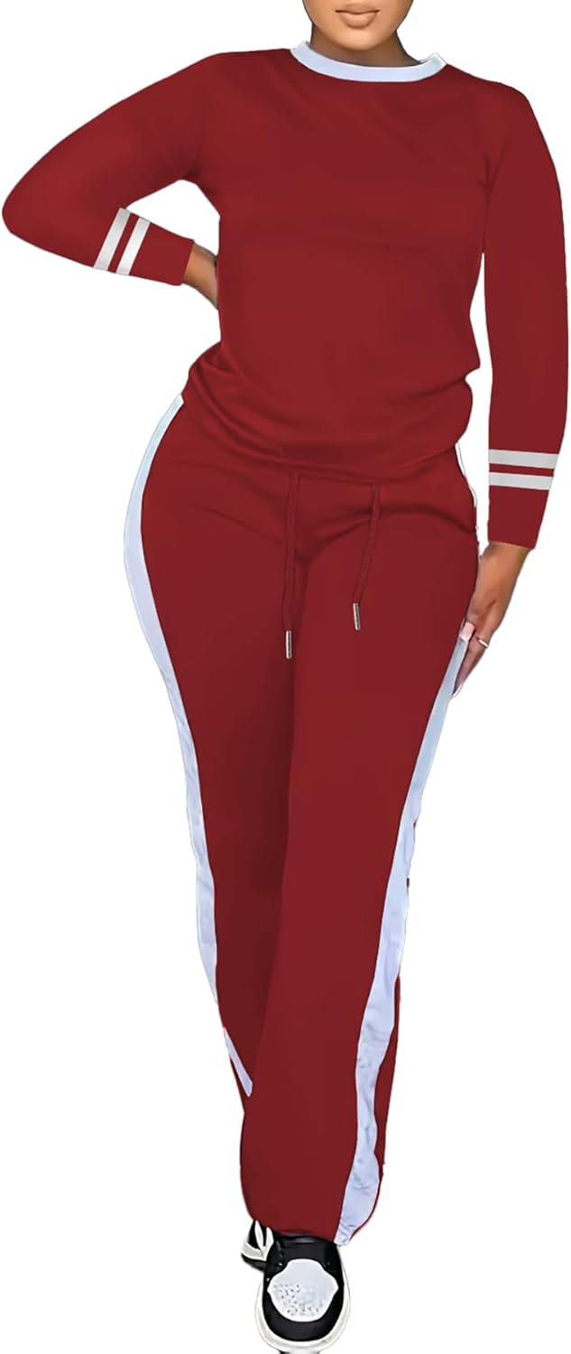 PINSV Women's 2 Piece Outfits Long Sleeve Tops Sweatpants Colorblock Bodycon Lounge Sets Tracksuits