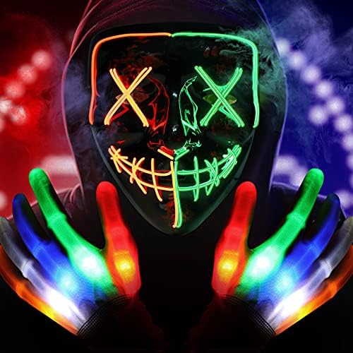 ORWINE Halloween Purge Masks LED Skeleton Gloves Set, Halloween LED Masks Light Up Scary Mask Hacker Mask with Glow Gloves Halloween Cosplay Party Costume for Boys Girls (Orange & Green)