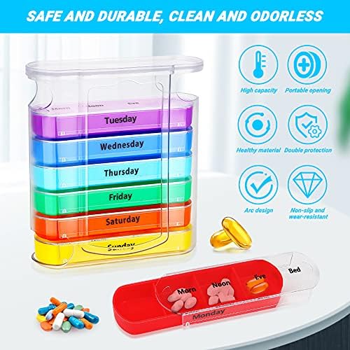 Pill Box 7 Day Pill Organiser 4 Times a Day - Weekly Tablet Box Pill Box Organiser 7 Day with 28 Compartments for Medicines Supplements Vitamin, Portable Medicine Box for Men Women Rainbow