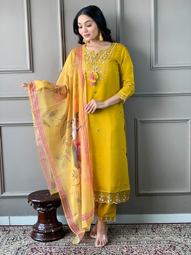 Image of Naixa Women's Mustard Chanderi with Cotton Lining Embroidered Straight Kurta with Chanderi Silk Pant and Crep Silk Printed Dupatta Sets (NX2-556)