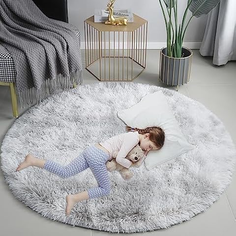 Poboton Round Rug 4x4 Soft Circle Rug for Kids Room Long Pile Plush Area Rug for Bedroom Teen's Room Fluffy Circular Rugs for Nursery Room Light Grey Cover