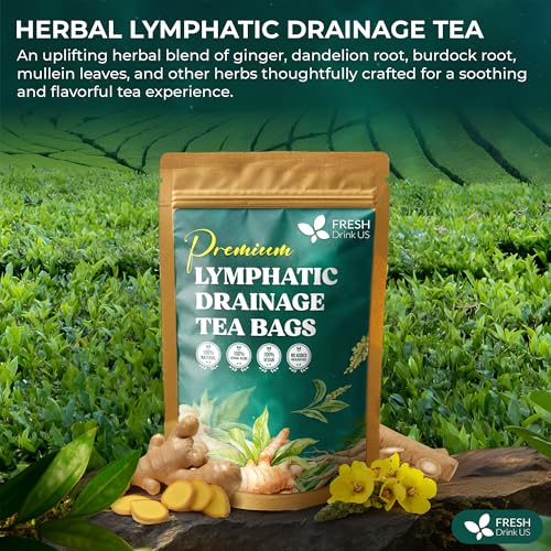 Image of FreshDrinkUS, Lymphatic Drainage Tea | 30 Tea Bags | Herbal Tea Bags with Ginger, Dandelion Root, Burdock Root, Mullein, Calendula, Lemongrass, Rose, Licorice & Tulsi - Caffeine-Free Herbal Blend