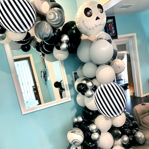 Image of Halloween Balloons Decorations 18 Inch Skull Black and White Striped Mylar Foil Balloon Skeleton Balloons for Halloween Birthday Spooky Baby Shower Party Decoration