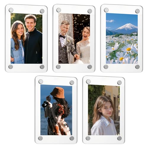 Confezione da 5 cornici magnetiche per frigorifero in acrilico, trasparenti, a doppia faccia, mini cornice portafoto per frigorifero, 5 x 8 cm