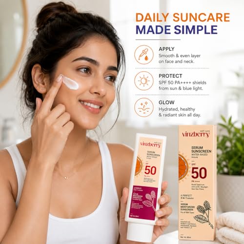 Image of VINZBERRY SPF 50 Sunscreen for Face PA++++ | 3-in-1 Serum Sunscreen + Moisturizer | Lightweight Water-Based Sunscreen | No White Cast | Daily Hydration for All Skin Types | 80 ml