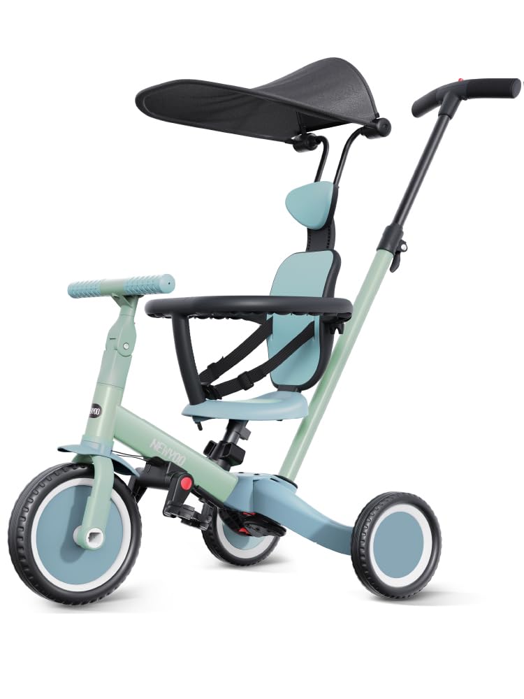 Newyoo TR009 6-in-1 driewieler voor peuters van 1 jaar tot 3 jaar, driewieler vanaf 1 jaar, met duwstang en luifel, loopfiets, kinderdriewieler met duwstang