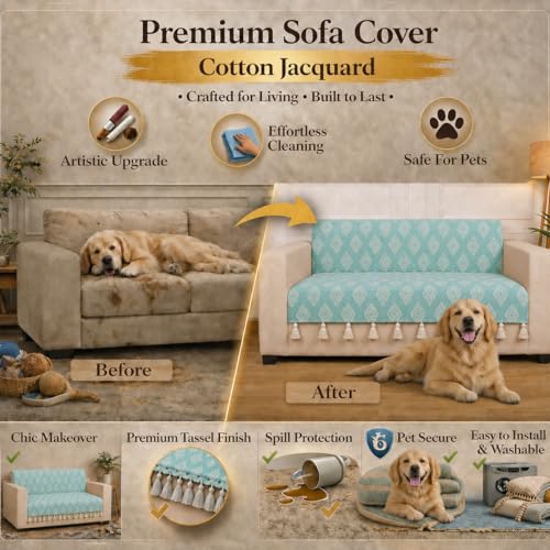 Image of STITCHNEST 'Verdant Rekhika Stories' 2 Seater Sofa Cover - Full Coverage| Elegant Jacquard Fabric, Decorative Tassels, Washable & Durable for Modern Living