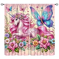 FengMingRui Fantasy Kids Unicorn Curtain Pink Horse Butterfly Flower Unicorn Window Treatment for Kids Boy Girl Bedroom Living Room Home Decor Window Drapes 42\" W X 45\" L