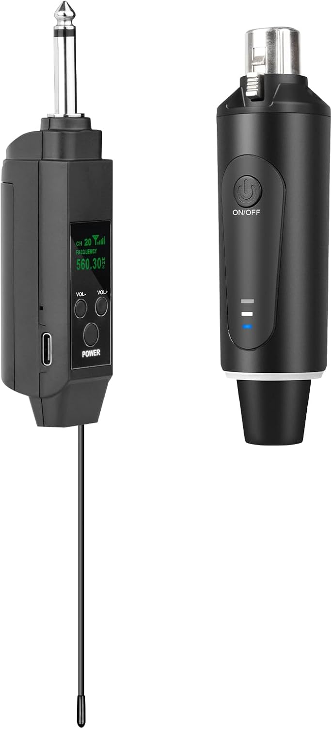 Depusheng 2.4GHz Wireless Microphone System Transmitter & Receiver with volume adjustment, Low Latency, Rechargeable, 150ft Range, Easy Pairing for PA System, Electric Guitar & Bass (two transmitter)