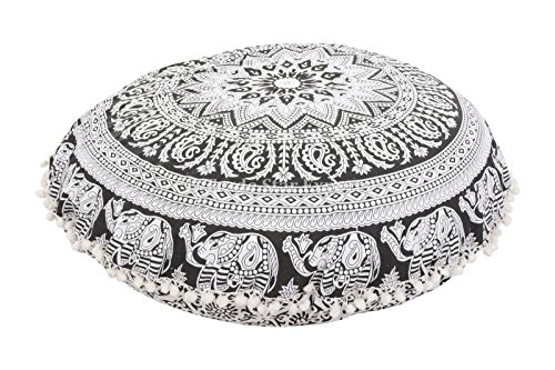 Mandala Elephant Throw, Indian Pillows, Large Floor Cushion, Round Pouf, Pom Pom Ottoman, Decorative Pillow Case, Boho Outdoor Cushion Cover With Insert by Trade Star Exports