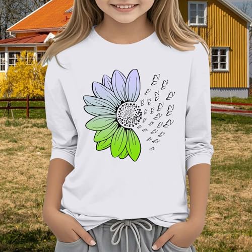 sfdgfhyf Children and Girls Casual Solid Color Round Neck Seven Cuff T Shirt Girlhood Teens Around The World in3