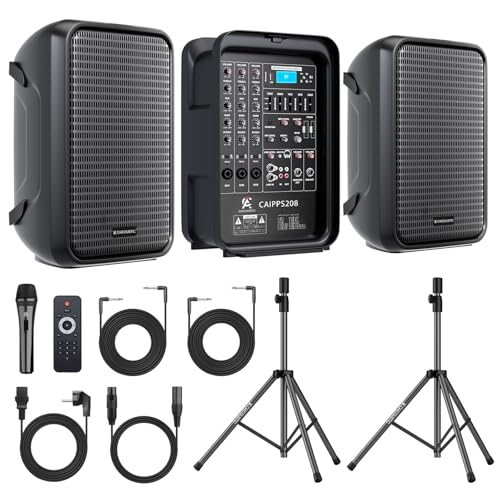 CAICOUSTIC All-in-One 2-Way PA Speaker System DJ Mixer Bundle,300W 8-Channel Mixer Bluetooth, Amplifier Kit with 8' Subwoofer and 1' Horn Tweeter,USB,2 Speaker Stands, Mic