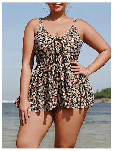Verdusa Women's Plus Size 2 Piece Boho Floral Tankini Set Bow Tie Peplum Tops with Bottoms Swimsuit4