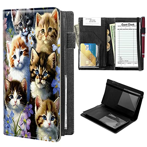 High Volume Server Books, Cats Family Server Book w/ 2 Expandable Pockets 9 x 5 Cute Waitress Book Zipper Pocket & Strap Closure Waitstaff Organizer Server Booklet Waiter Money Wallet