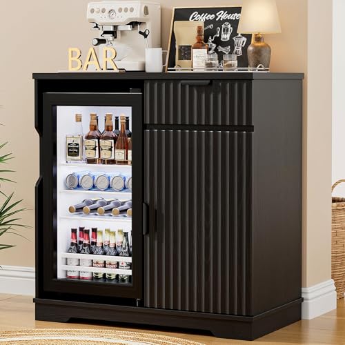 Aauro Home Mini Fridge Cabinet (Fridge Included) Fluted Coffee Bar Cabinet with Refrigerator Drawers & Storage Rack Modern Sideboard Buffet Liquor Cabinet for Home Kitchen Dining Room Black