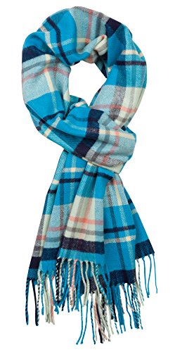 Plum Feathers Plaid Check and Solid Cashmere Feel Winter Scarf (Aqua & Navy Plaid)