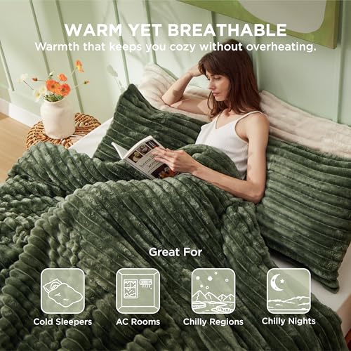 Image of Bedsure Full Fluffy Comforter Set - GentleSoft 3 Pieces Luxury Fleece Olive Green Bedding, Cozy Room Decor Aesthetic, 1 Full Bed Comforter (82 inchx86 inch) and 2 Pillowcases (20 inchx26 inch)