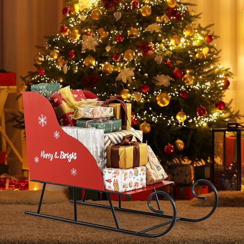 GOPLUS Traineau de Noel, Luge Noel de Père Noël avec Rangement, Dessin de Flocons de Neige, Cadre Métallique Courbé, Décoration Noël Intérieure et...