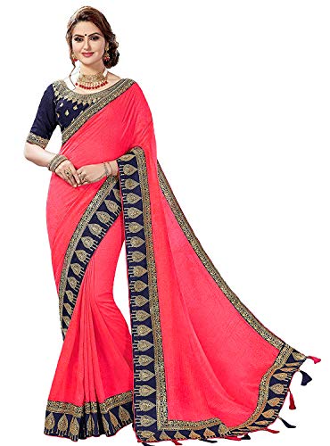 Nivah Fashion Women's Satin Heavy-Embroidery Work Saree with Blouse Piece K808 (Pink)
