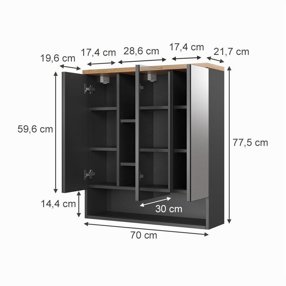 Vicco Specchio contenitore bagno Eden, Antracite, 70 x 77.5 cm, per montaggio a parete con suddivisione interna variabile