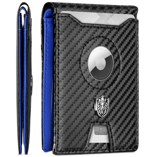 Image of ALPHA PAIR Slim Wallet with AirTag Holder Minimalist AirTag Wallet -Bifold AirTag Wallet Men with 10 Credit Card Slots, 1 Transparent ID Window - Mens Wallet with AirTag for Apple - Blue
