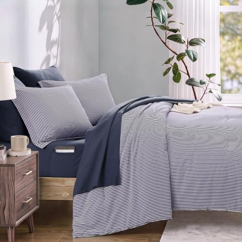 Image of Monbix Queen Comforter Set-7 Pieces Soft Bed in a Bag Queen Bedding Sets | Crown Blue Vertical Ticking Stripe Lightweight All Season Comforter Set with Sheets, Pillowcases & Shams
