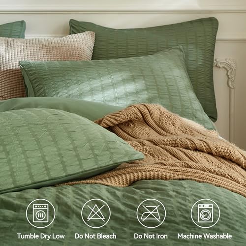 Image of JELLYMONI Seersucker Duvet Cover Set King, 3pcs Dark Green Polyester | In Spacious Master, Couples & Pets, Crinkled Texture, Oeko-Tex Certified, 8 Corner Ties & Hidden Zipper