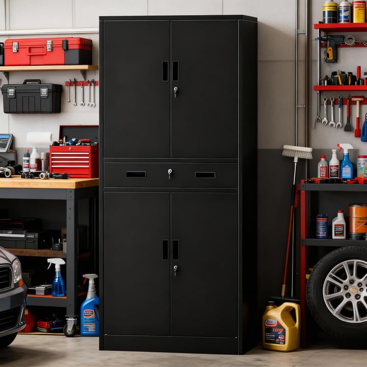 Image of Metal Storage Cabinets with 1Drawer, 71 inch Storage Cabinet with 4 Locking Doors and 2 Adjustable Shelves, Steel Storage File Cabinet for Pantry Home, Kitchen, Office, Garage (Black)