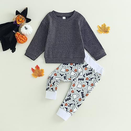 Newborn Baby Boy Girl Halloween Outfit Long Sleeve Waffle Knit Sweatshirt Top Pumpkin Ghost Print Pants 2Pcs Set2