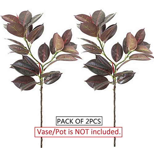 Artificial Rubber Tree Plant Lifelike Tropical Burgundy Ficus Elastica Tree Houseplant Branch For Home Office Decoration (Dark Red - Pack Of 2) #TOP2