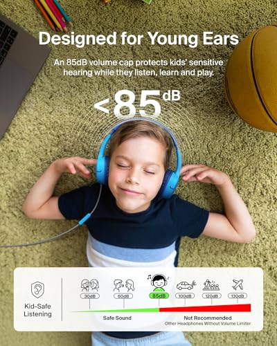 Belkin SoundForm Mini Kids Wired Headphones with USB-C to 3.5mm Dongle, Built-in Mic & Fun Stickers, 85dB Max Volume – for Online Learning, Travel, Compatible with iPhone, iPad, Galaxy, etc - Blue