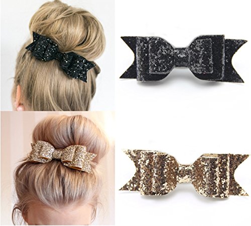 TKOnline Gold and Black Glitter Satin Big Bow Hair Clip Barrette Accessory For Girls and Womens （2 Pack）