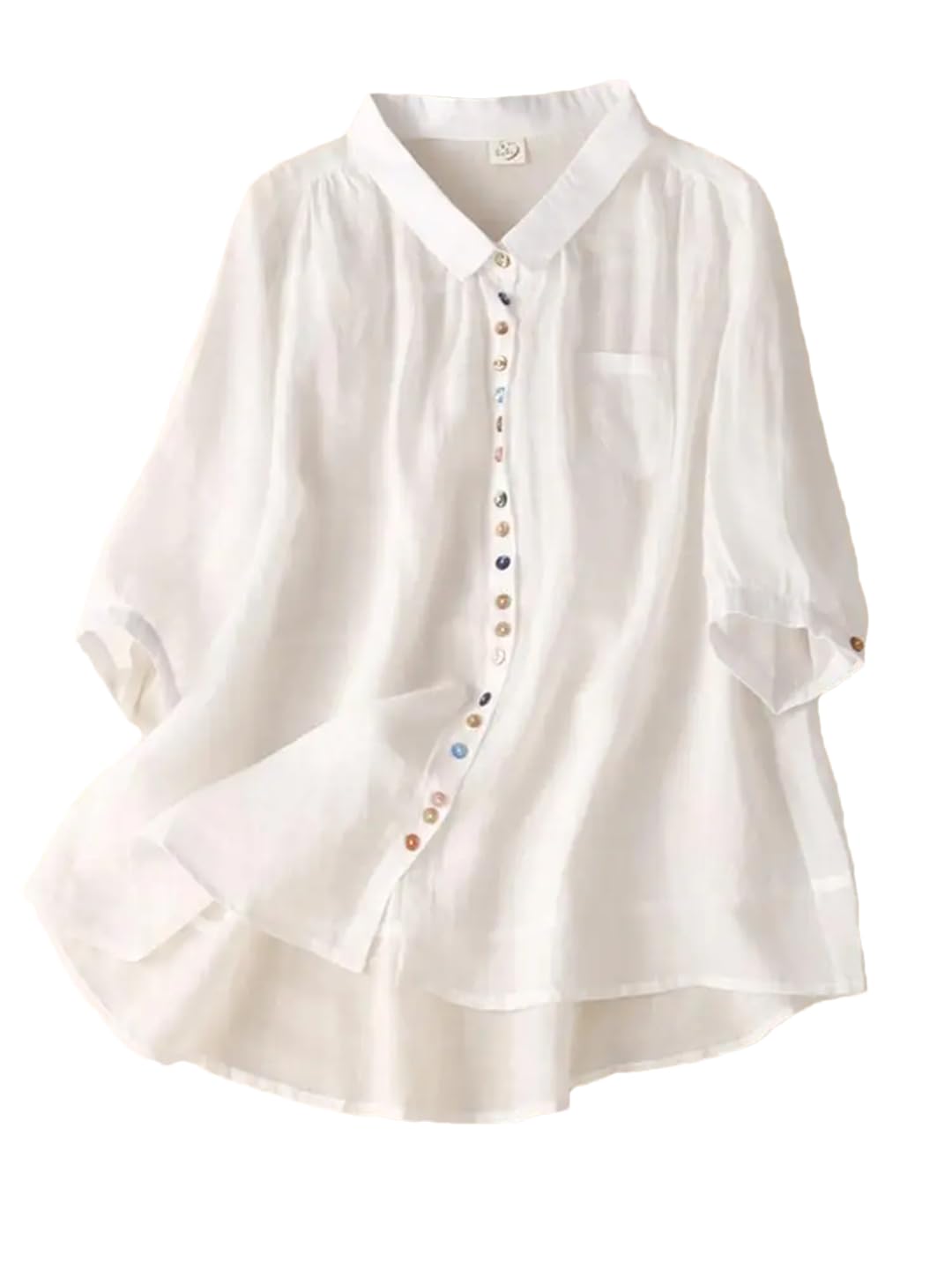 Chemisier décontracté uni en coton et lin à manches mi-longues pour femme