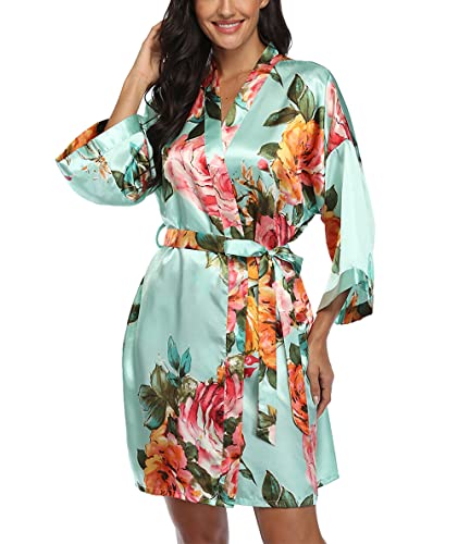 Bata corta tipo kimono floral para mujer, de satén, para boda, novia, dama de honor, preparándose, Agua, X-Large-XXX-Large