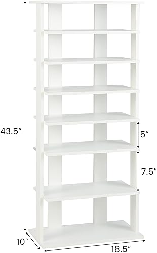 Miniatura 2 de Tangkula Zapatero vertical de 7 niveles, zapatero patentado de madera de doble fila con dispositivo anticaída, organizador de zapatos estrecho,