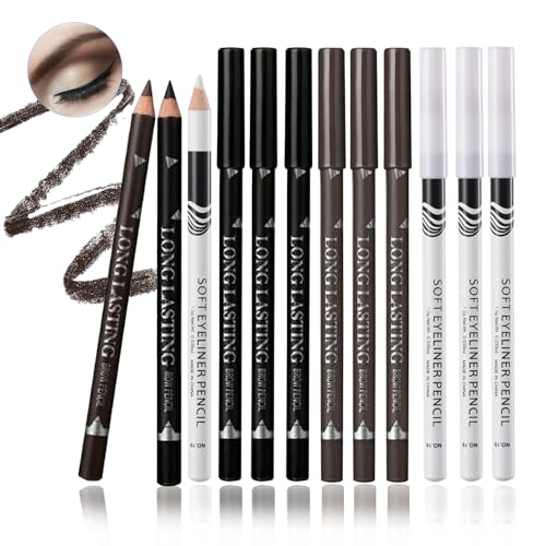 LJYBoBin 12PCS Eyeliner Pencil,Black White Dark Brown Waterproof Eyeliner Pencil Pen Set,Smudge-proof Long Lasting Matte Eye Liner Makeup Pencils,Easy Apply Colored Eyeliner Pencil