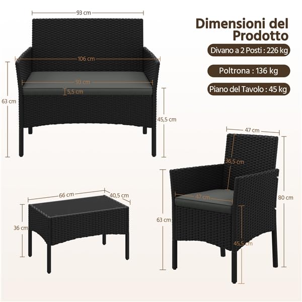 Yaheetech Set da Giardino in Rattan, 4 Posti, con divano a 2 posti, 2 sedie, tavolo e cuscini per seduta resistente alle intemperie, Salotto da Siardino Esterno, per Terrazza Balcone Patio
